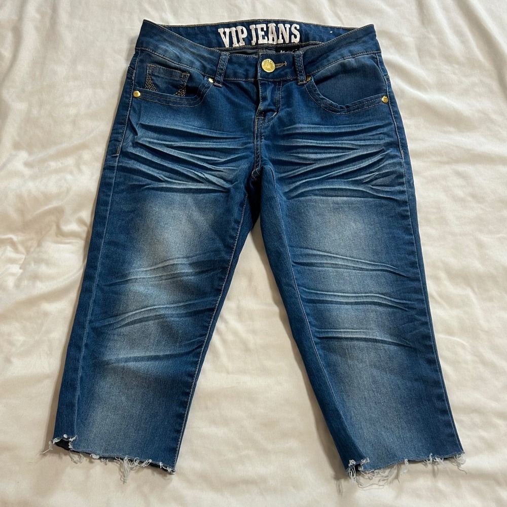 VIP Jeans Womens Blue Mid Rise Raw Hem Capri Denim Jeans Size 1/2 1-6917NB-5 - Picture 1 of 11